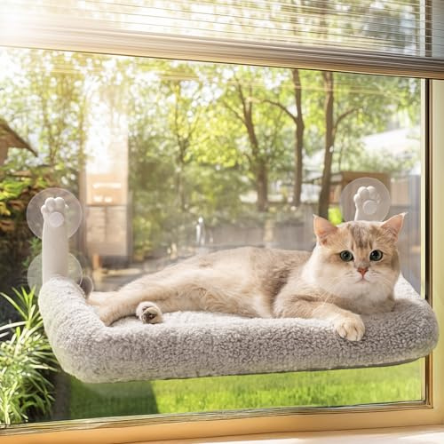 MEWOOFUN Cat Window Bed Hammock for Indoor Cats - Foldable Cat Window Perch w/Reversible Mat, Upgrade Strong Suction Cups Sturdy (Grey, M - with bed)