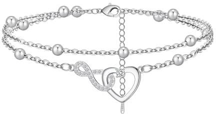 BMMYE Sterling Silver Anklet Ankle Bracelets for Women,Adjustable Silver Anklets for Women Infinity Heart Ankle Bracelet