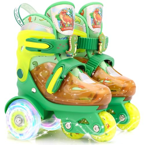 Adjustable Roller Skates for Kids Boys 5-12, Children's Light-Up Shoes Toddler Age 3-5 Gift Box Packing for Toddlers Dinosaur Green