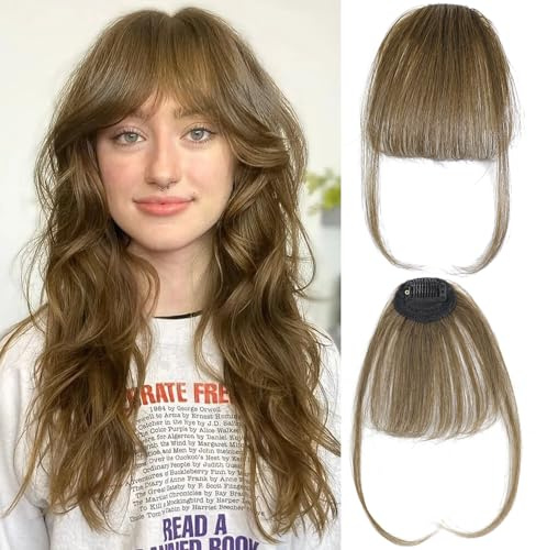 Pony Haarteil Echthaar 100% mit Clip - One Piece geschwungener Pony mit Schläfenhaar für Damen, täglicher Gebrauch, Hellbraun