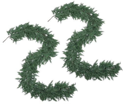 Hananona 9 FT Artificial Cedar Garlands, 2 Pcs Real Touch Winter Cedar Pine Garland, Green Artificial Greenery Garland for Table, Mantle, Wall, Indoor, Outdoor Christmas Decorations (2, 9 FT)