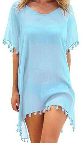 Damen Strandkleid Sommer Bikini Cover Up Badeanzug Sommerkleider V-Ausschnitt Strandponcho Bademode Strand Vertuschen Shirt (Blau, Einheitsgrösse)