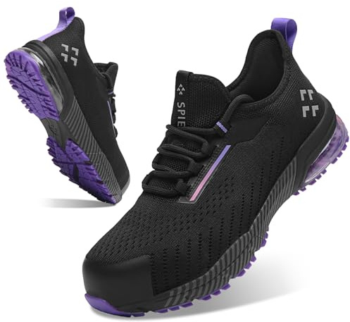 SPIEZ Zapatos Seguridad Mujer Air Cushion - Zapatillas Slip-On Ligeras con Punta Composite y Soporte Arco, Negro-Morado, EU 35-41