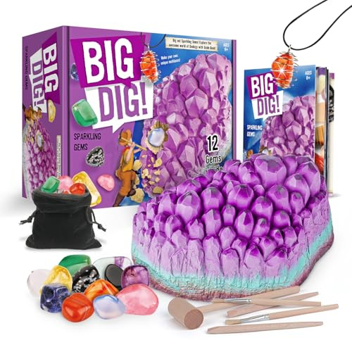 Eggbox Jumbo Mineralien Kristall Ausgrabungsset für Kinder 12 Echte Edelsteine inkl, Amethyst, Rosenquarz & Achat, Mit Hammer, Meißel & Pinsel, Edelstein-Bergbau Spielzeug für Kinder ab 6-12 Jahren