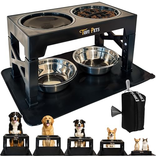 TOFI PETS Comedero Perro Elevado 5 Alturas | Bebedero y Comederos para Perros Acero 2 x 1200 ml, Comedero Lento para Perros, Bebedero Antigoteo, Alfombra Silicona + Porta Bolsas Paseo | 4 Cuencos