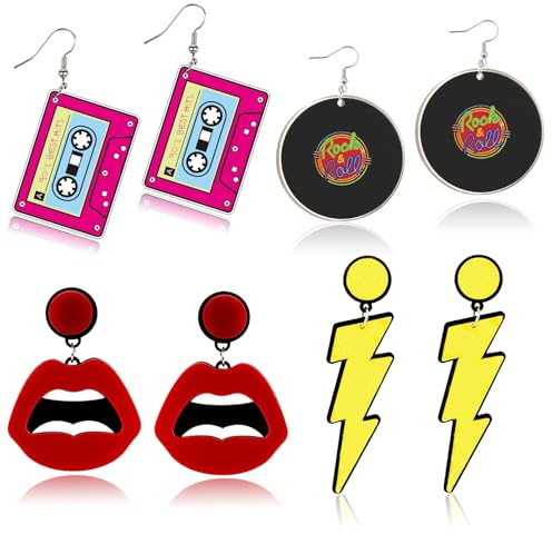 4 Paar Vintage Neon Ohrringe Damen, Acryl Kassetten Blitz Lippen Hängeohrringe Retro Ohrringe Fasching für 70er 80er 90er Jahre Accessoires Lustige Earring Karneval Party
