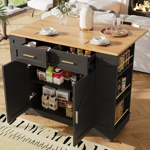Biqzuya Îlot de Cuisine Moderne Rangement Extensible, Table à Manger Multifonction, îlot Central sur roulettes avec Poubelle, Desserte de Cuisine Mobile avec étagère à épices