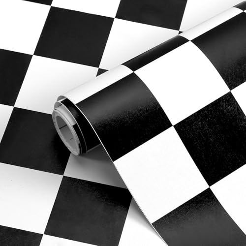 Fiula Black and White Checkerboard Wallpaper Peel and Stick 45CM x 200CM – Self Adhesive Checkered Contact Paper for Kitchen Floor Bedroom Bathroom Retro Wall Décor