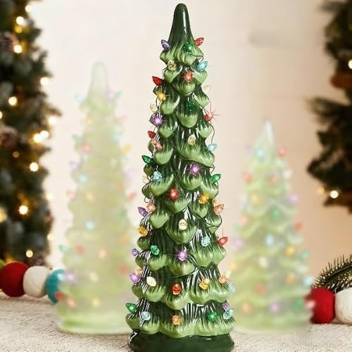 Lightyard Retro Hand-Painted Tabletop Christmas Trees,Ceramic Christmas Trees with Multicolor Bulbs Led Lights,Pre-Lit Hand-Painted Tabletop Holiday Decoration for Desk Bookshelf (Colorful light-25CM)