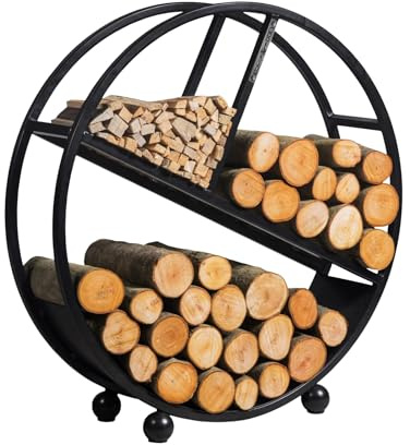 MR. DEKO BENE ON FIRE Kaminholzregal rund Kalifornien 80 cm | rundes Brennholzregal Metall schwarz | Holzlager dekorativ für Kamin Wohnzimmer | Feuerholzregal Garten Terrassen | Kaminholzunterstand