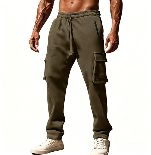 Générique Pantalon Cargo Homme Travail Randonnée Cordon Multipoches Bas Survêtement Sport Sweatpants Running Thermique Pants Chaud Stretch Couleur Unie Loisir Extérieur Vert Armée L