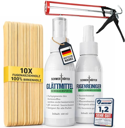 Svärdhöffer FUGENPROFI set 13 delar – patronpress och silikonpistol, 10 × silikonavdragare trä, utjämningsmedel och fogrengöring – inkl. videokurs från experten (tyska) – Made in Germany