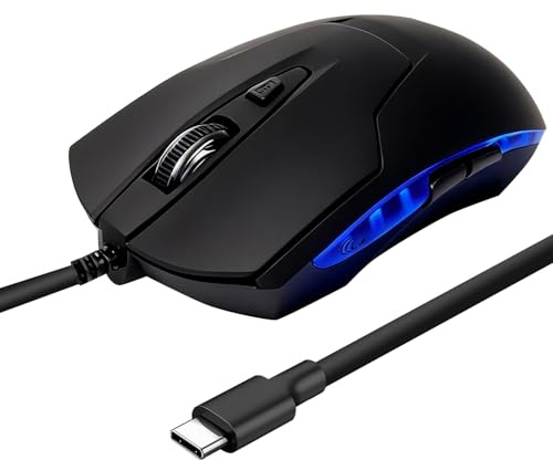 Wired USB C Mouse with 4-DPI Speeds 6-Button Quiet Click LED Backlight | Compact Computer Mouse Compatible with Smartphone Mac Chromebook HP DELL XPS ASUS Surface Type-C devices, 1.5M Cable