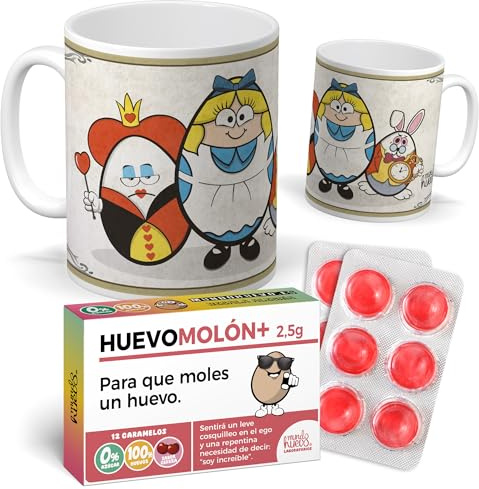 Pack Divertido Taza Alicia en el País de las Maravillas + Caramelos HuevoMolon | Original para Regalar | Mensaje Gracioso de Películas | Regalos Amigo Invisible y Navidad | Cerámica 350 ML