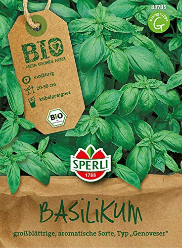 Sperli BIO Basilikumsamen 83785 – großblättrige Sorte im Typ Genoveser - Inhalt für circa 300 Pflanzen - Kräutersamen, Kräuterpflanzen, Saagut