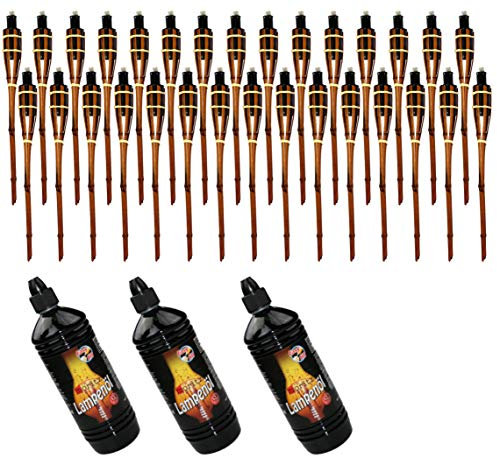 Moritz 30x Bambusfackeln Fackel 90 cm Dunkelbraun + 3X 1000ml Lampenöl Gartenfackel Ölfackeln Garten Deko Öllampe Wegleuchte