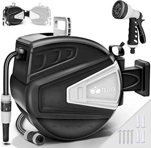 tillvex Schlauchtrommel Wasser 15+2m mit Wandhalterung + Tragegriff | Schlauchaufroller mit Handbrause und Gartenschlauch | 180° Schwenkbar | Wand-Schlauchbox mit Aufroll-Automatik | Schwarz