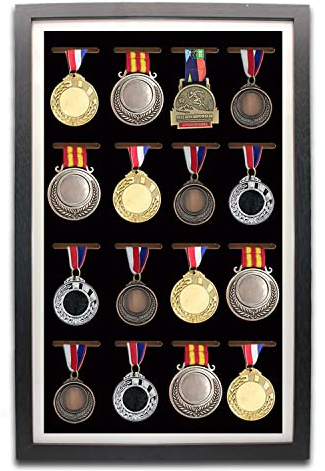 Medaillen-Präsentationsrahmen - 16 Medaillen-Vitrine - Perfektes Display für Läufer, Marathon, RECE-Sieger, Fußball, Gymnastik und Alle Sportarten (Schwarz)