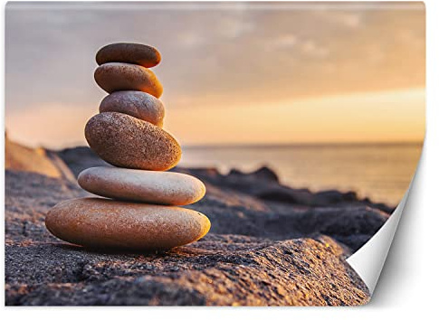 Feeby Papel Pintado Puesta de sol Playa Abstracción 450x315 cm Naranja XXL Fotomurales Tejido No Tejido Decoración De Pared Moderna Decorativos Dormitorio Para la sala Mar Piedras Zen Cielo