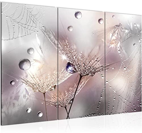 Runa Art Wandbilder Blumen Pusteblumen Bild XXL Wohnzimmer Schlafzimmer Rosa Grau Morgentau 120 x 80 cm 3 Teilig 043131b