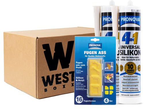 W West Boxx Set aus 2x 4 in 1 Universal Silikon in Silbergrau und Fugen-Ass Fugenglätter, Universalsilikon ideal für Sanitär, Naturstein & Holz für außen und innen