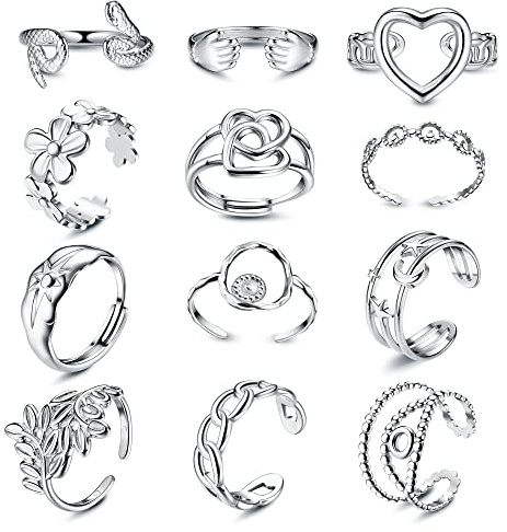 JeryWe 12 Pezzi Anelli Acciaio Inossidabile Donna Gioielli Estetici in Argento Impilabili Tendenza Anelli con Nocche e Pollice Indie Misura 6-9 Set di Anelli Aperti Regolabili（Stile3）