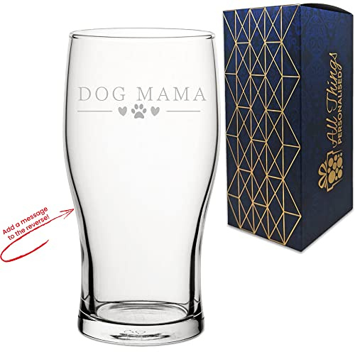 Personalised Engraved Novelty Pint Glass with Dog Mama Design, Add a Personalised Message to the Reverse, Laser Engraved, Gift Box Included, Gift for Mum, Birthday Gift, Dog Lover Gift