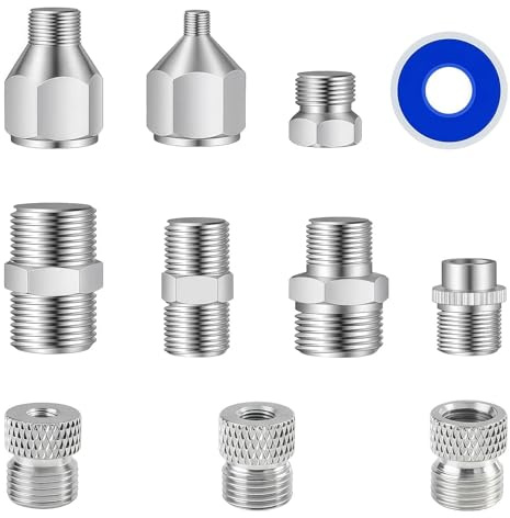 HUBEST 11pc Airbrush Adapter Kit, 1/8 1/4 BSP for Badger Paasche Aztec | 3 pieces for Badger/Paasche/Aztec conversion, 7 pieces cover 1/8 & 1/4 thread sizes, seal tape included, durable brass