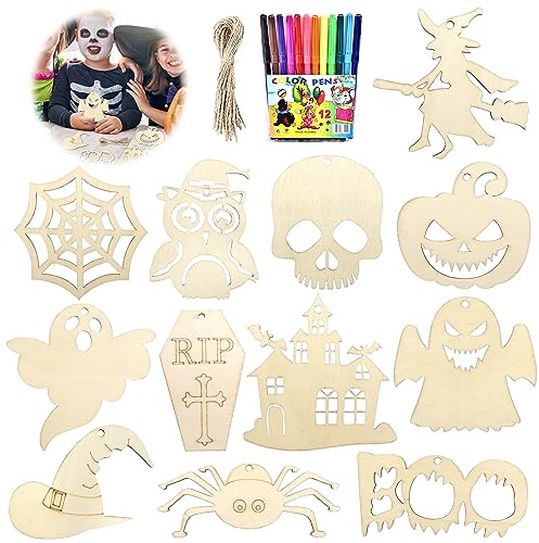 Seasboes 60 Stück Halloween Holz Bastelset, Halloween Basteln Kinder, Herbstdeko, Herbstzeit Dekorationen, Unbehandelt Holzanhänger mit 12 Aquarellstift und Hanfseil für Halloween DIY Handwerk Party