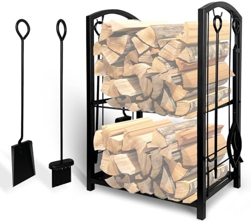 Grandhom Étagère à bois de cheminée intérieure avec ensemble de 4 ustensiles pour cheminée, étagère à bois de 2 niveaux et accessoires pour cheminée, support à bois de cheminée en métal avec