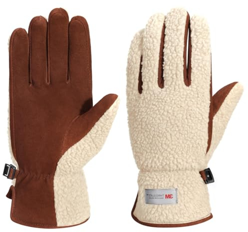 Harssidanzar Gants en Cuir pour Femmes Gants de Ski en Peau de Mouton doublés de Laine Polaire et d'isolant pour l'hiver SL021EU,Beige/Marron Clair,Taille S