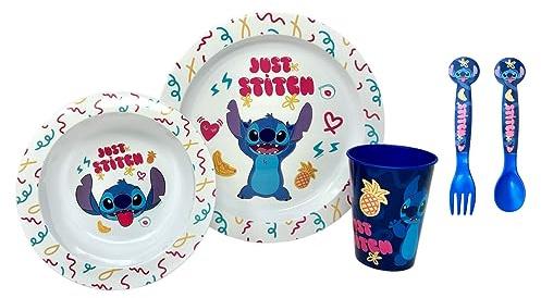 Set stoviglie in plastica riutilizzabile Stitch Disney 5 pezzi piatti bicchiere posate per bambini set pranzo