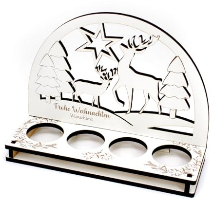 Schwibbogen Weihnachten mit Motiv Hirsche, Tannen und Stern - personalisiert mit Wunschtext/Name - für 4 Teelichter