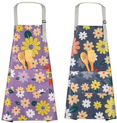MHwan Grembiule Cucina Donna, 2 Pezzi Grembiule Impermeabile e Resistente AllOlio, Stampa Squisita e Calda Atmosfera Domestica, Grembiuli Resistente AllUsura e Durevole, Regolabile