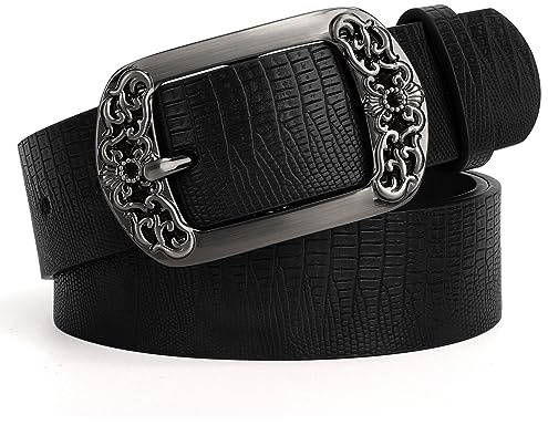 SUOSDEY Damen Ledergürtel Klassisch Schwarz Floral Pin Buckle Gürtel für Jeans Kleid Mode Gürtel schwarz