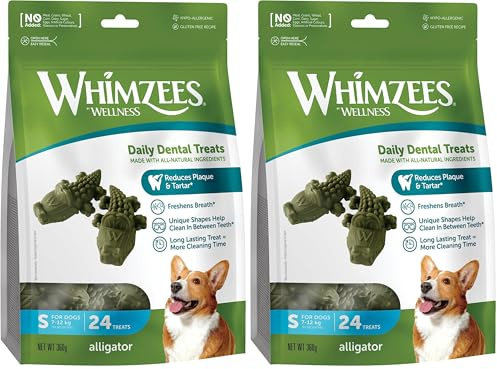 WHIMZEES by Wellness Krokodil, natürliche, getreidefreie Zahnpflegesnacks, Kaustangen für kleine Hunde, 24 Stück, Größe S (Packung mit 2)