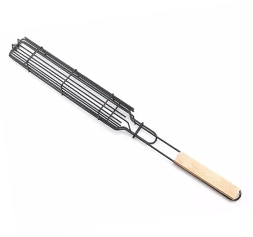 Worparsen Grill-Clip, Edelstahl, Schaschlik-Grillkorb mit abschließbarem Gitter, gleichmäßige Wärmeverteilung, Mini-Grillzange, Metall-Grillspieße, Kabobkorb, Holzfarbe