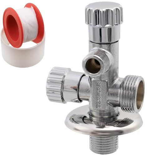 AERZETIX - C74959 - Válvula en ángulo de doble salida 1/2x3/4x3/8 con roseta y junta PTFE - en latón - acabado niquelado - grifo de agua potable sanitario racor lavabo baño cocina