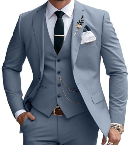 Mens Suits 3 Piece Slim Fit Suit Set Business Wedding Tuxedo Jacket Vest Pants, Denim Blue, L