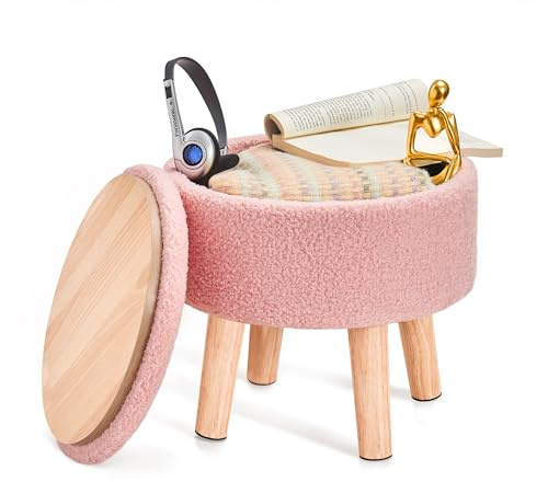 BRIAN & DANY Fußhocker mit Stauraum, Kleiner Stauraum, Ottomane, Teddy-Fleece Runder Hocker mit Deckel, Sherpa Fußhocker mit Beinen für Wohnzimmer Eingangsbereich, Rosa