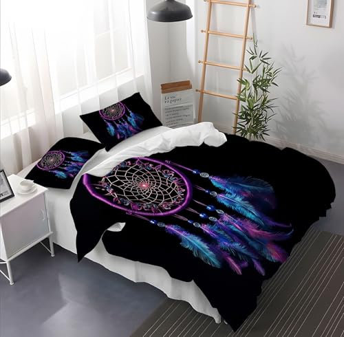 Schwarz Lila Bettwäsche Set 3 teilig, Fotografie TraumfäNger Drucken Microfaser Bettwaren-Sets Mit Reißverschluss für Vier Jahreszeiten Enthält 1 Bettbezug 155 × 220 cm und 2 Kissenbezug