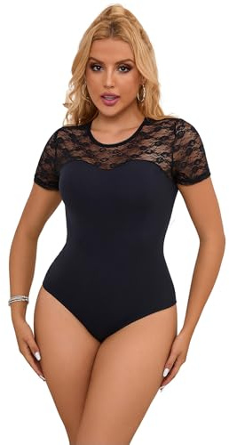 ohmydear Body de mujer elegante con cuello redondo Bodysuit Casual Manga Corta de Encaje Talla Fuerte Lencería Sexymujer Hot Top Outfit Basic Camiseta para cintura diaria, Negro , S