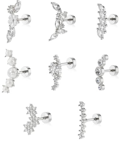 Yolev 8 Pcs 16G Helix Tragus Piercings Silber Chirurgenstahl für Damen Tragus Ohrring Opal CZ Leaf Bar Ohr Piercing Ohrringe Conch Daith Flat Piercing Set
