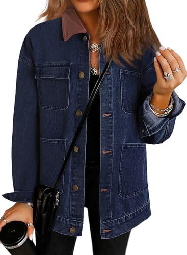 Dokotoo Denim Jacket For Women Casual Trucker Jean Barn Jackets For Women Basic Long Sleeve Denim Jackets Trendy Winter Clothing Barn Coat With Color Block Collar Dirty blue XL