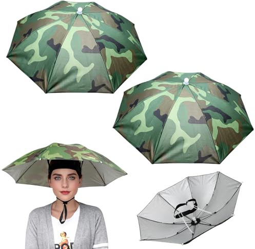 Dewocke Regenschirmhut, 2 Stück Camouflage Anglerhut mit Elastischem Band, Faltbarer Regenschirmmütze, Sonnenschutz, Tragbar, für Angeln, Golf,Gartenarbeit, Reisen, Outdoor