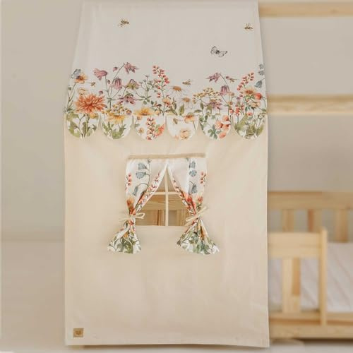 Moi Mili Betthimmel-Haus- Optik Hausbett-Vorhang Wildblumen Print 350 x 125 cm Betthimmel in Hausform mit Fenster für Kinderbett Bettdekoration Hausbetthimmel Kinderzimmer
