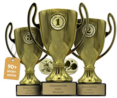 Pokal mit Gravur Wunschtext, Gold, Sportemblem nach Wahl, 16/18/20 cm | Personalisierte Auszeichnung für Fußball WM & Sport Events, inkl. Marmorsockel