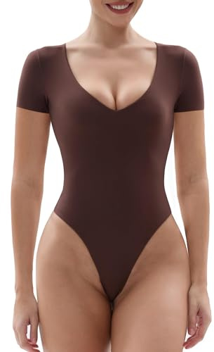 SHAPERX Dam Bodysuit Långärmad/Kort Stretch Bodysuit Elegant Rund Halsringning/V-Toppar, Cocoa V-ringad, XS