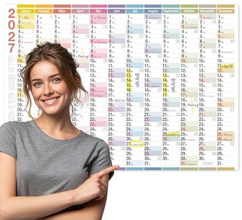 TOBJA Calendrier mural A2 2026 - Design coloré - 14 mois - Calendrier annuel A2 avec de grands champs - Livré plié - Idéal comme calendrier mural de bureau ou planificateur annuel pour le bureau à
