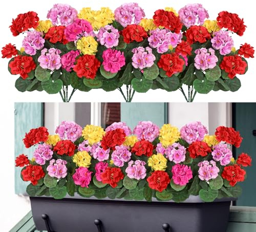Dremisland 4 Pack Artificial Geranium Flowers for Outdoors, Mix Geranium Silk Flowers UV Resistant Garden Plants Bush Faux Flowers for Outside Planter Home Kitchen Table Centerpieces Spring Decor